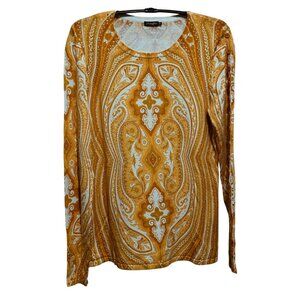 J. McLaughlin Paisley Crew Neck Pullover Top Sz S LS Button Detail Orange White